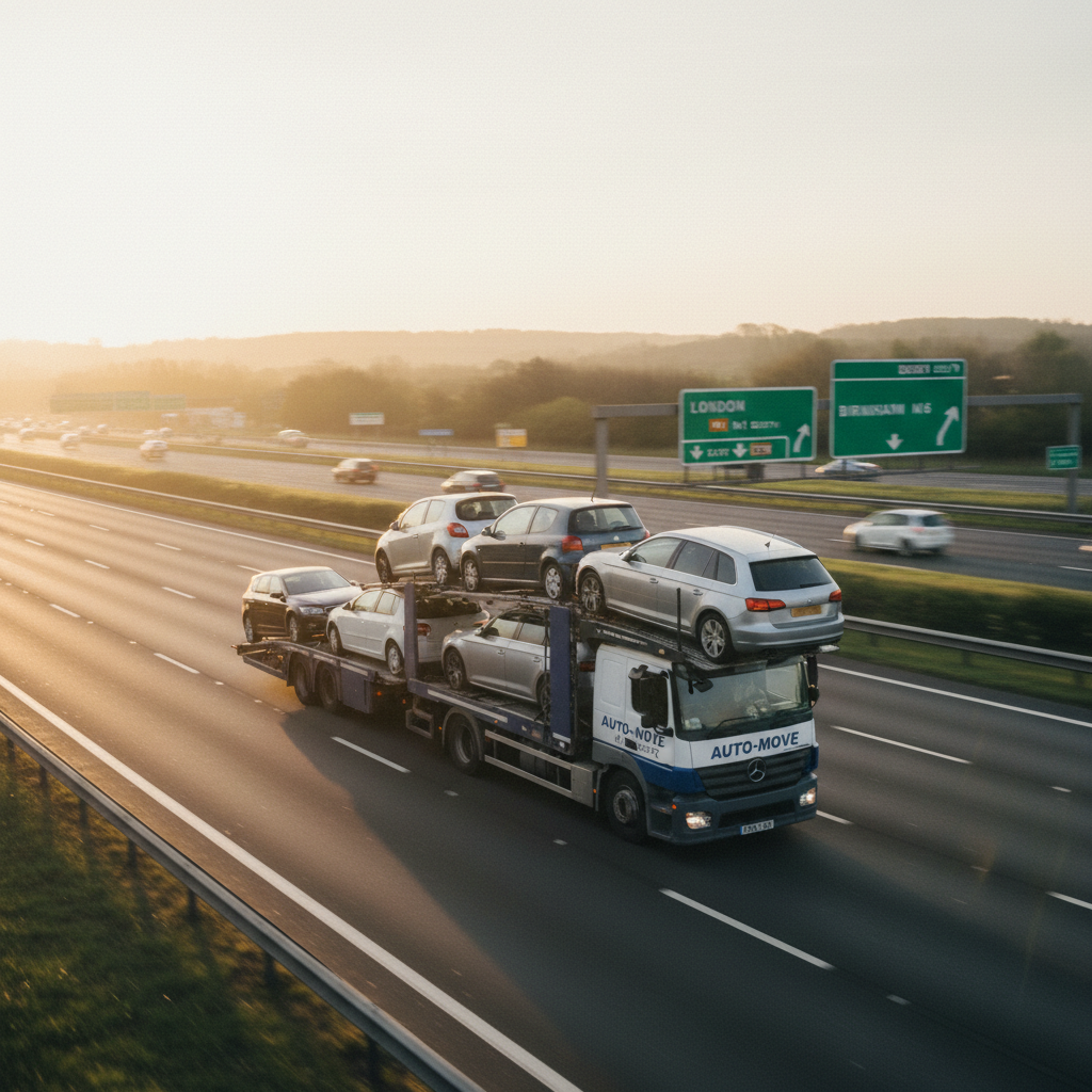 Car transporter on UK motorway collecting auction vehicles at speed