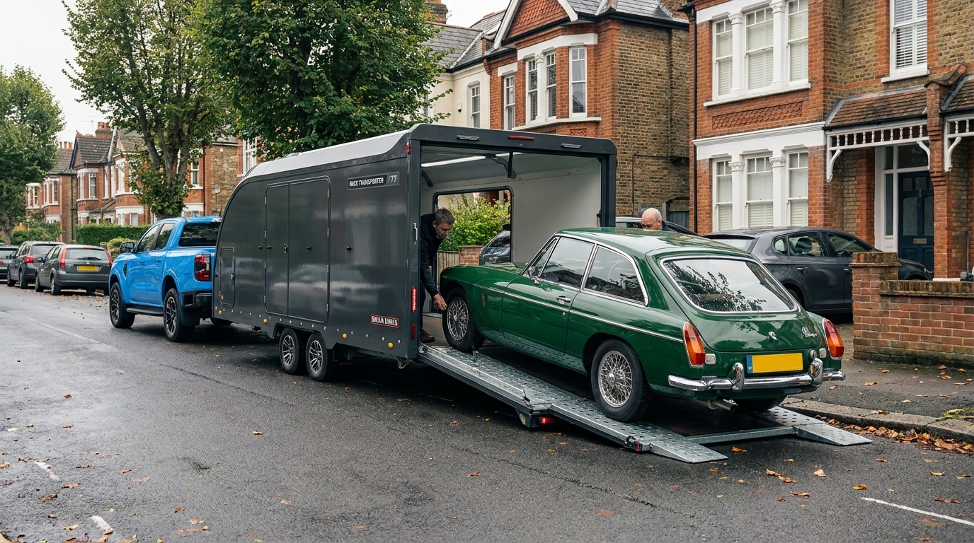 Classic car being unloaded from Brian James Race Transporter 7