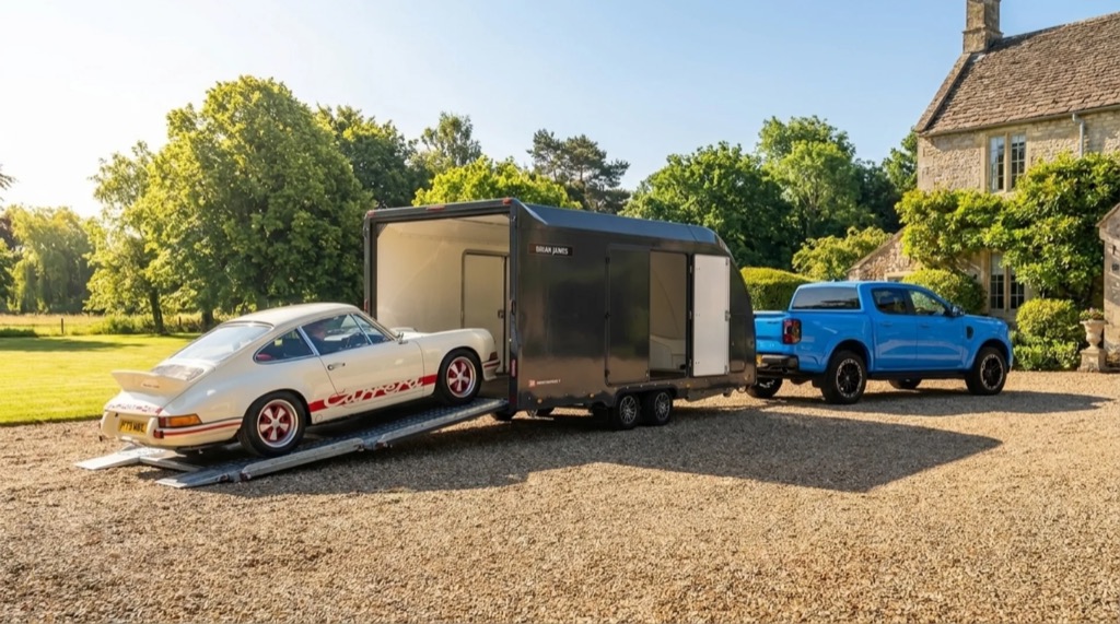Classic Porsche 911 Carrera being loaded into the enclosed Race Transporter 7