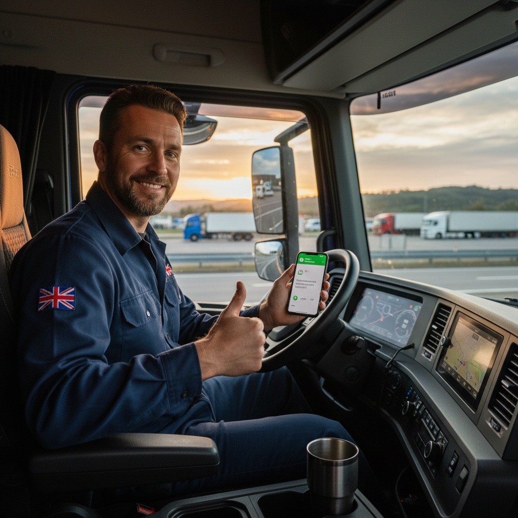 Professional UK truck driver in cab checking WhatsApp job notification