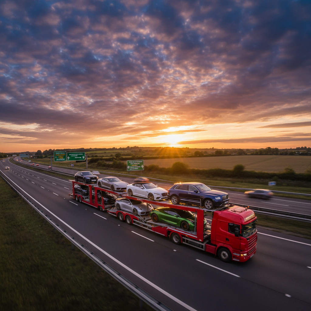 Professional car transporter on UK motorway at golden hour
