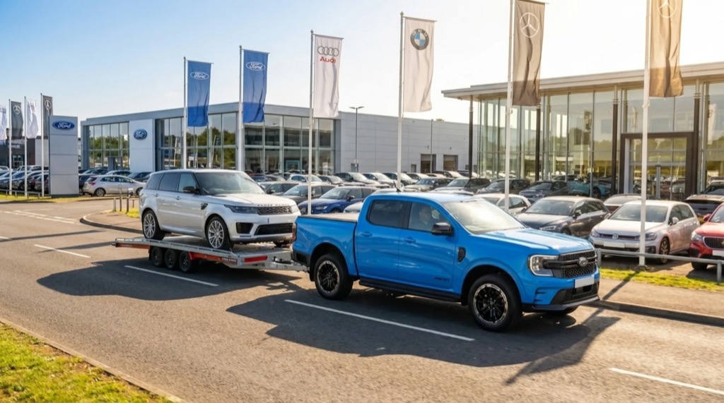 Towit delivering dealer stock at a large multi-brand dealership campus