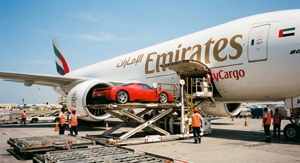 Sports car loaded side-on into an Emirates SkyCargo freighter