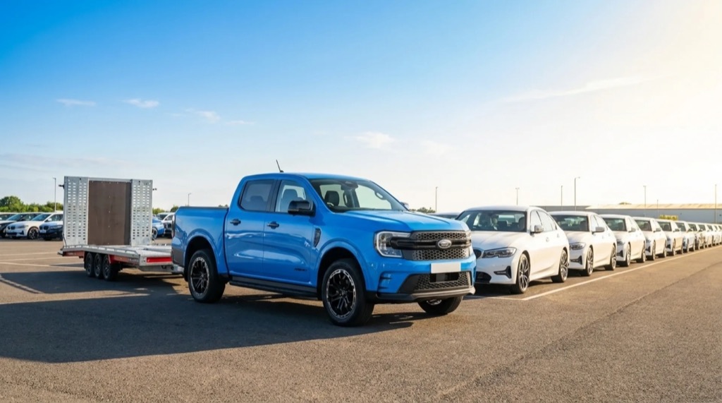 Towit transporter in front of a fleet of identical new BMWs awaiting delivery