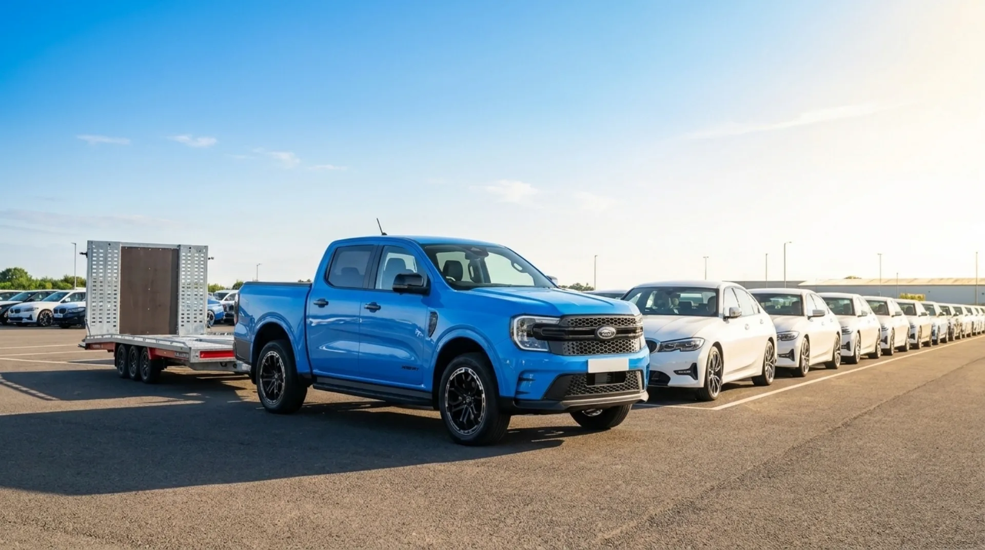 Towit transporter in front of a fleet of identical new BMWs awaiting delivery