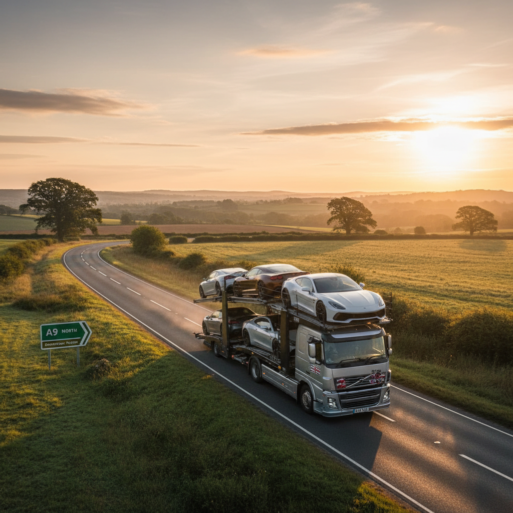 Car transporter on open UK road at sunrise