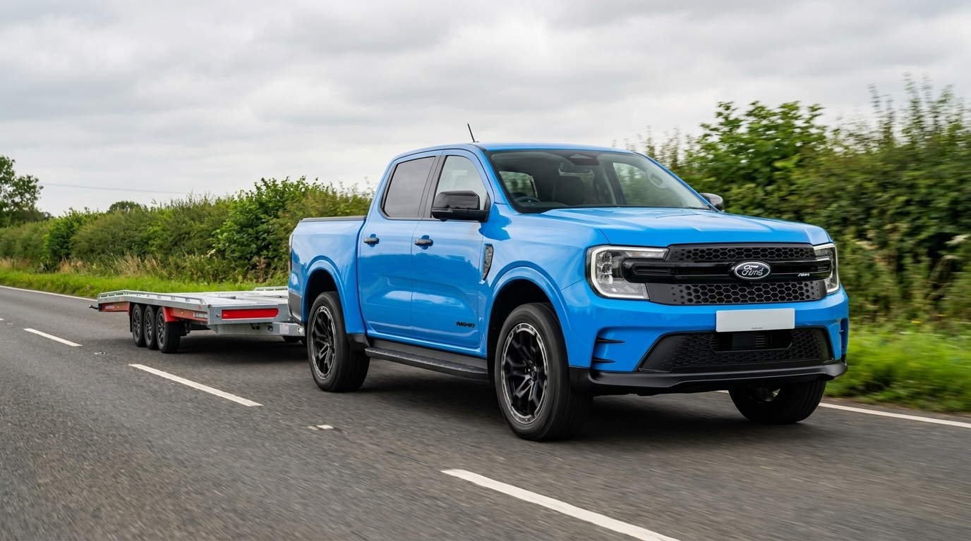 Open Brian James T Transporter car trailer being towed on a UK road