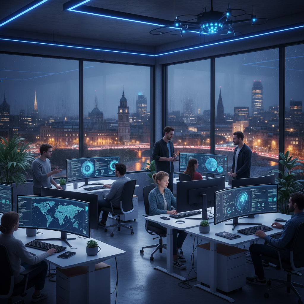 Modern tech startup office with multiple screens showing dashboards