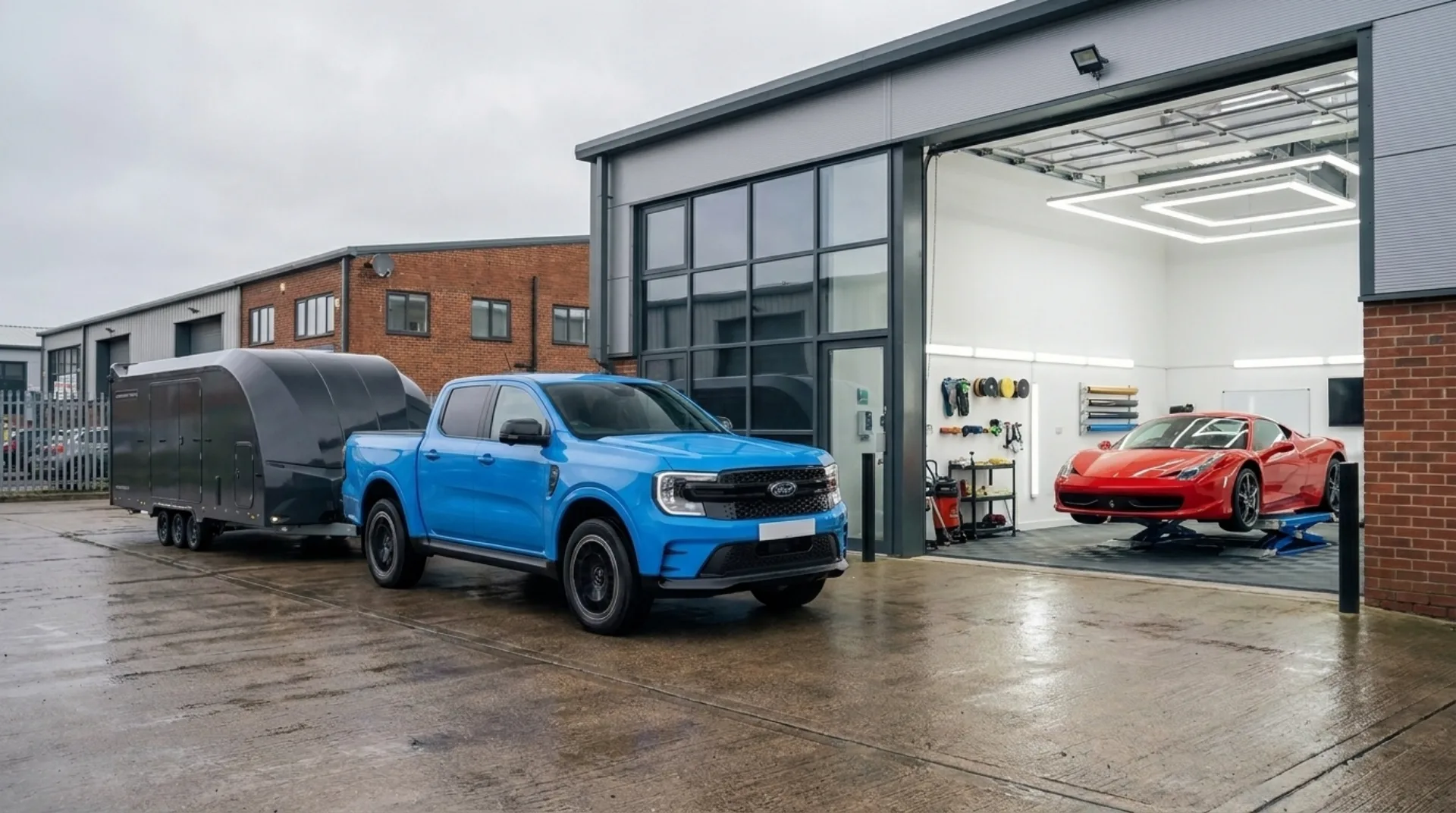 Towit enclosed transporter collecting a supercar from a PPF and detailing studio