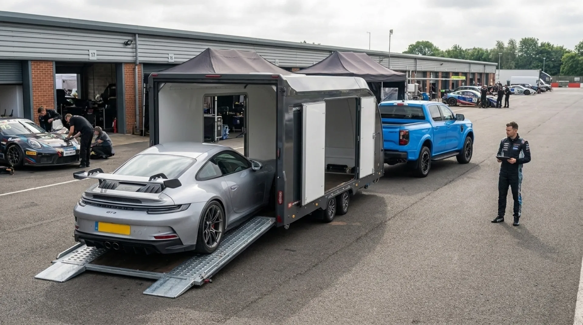 Track-prepared Porsche being unloaded from the enclosed Race Transporter 7 in a UK circuit paddock