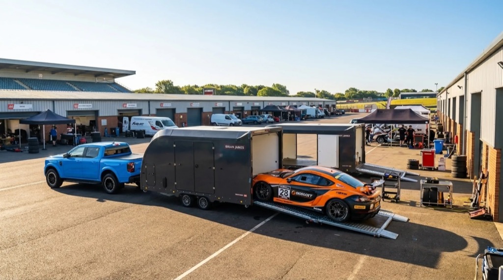 Race-liveried sports car unloading in a sunny circuit paddock