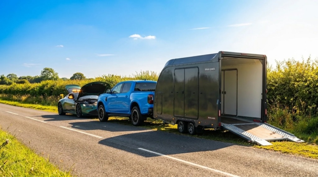 Broken-down Aston Martin being recovered onto the enclosed trailer