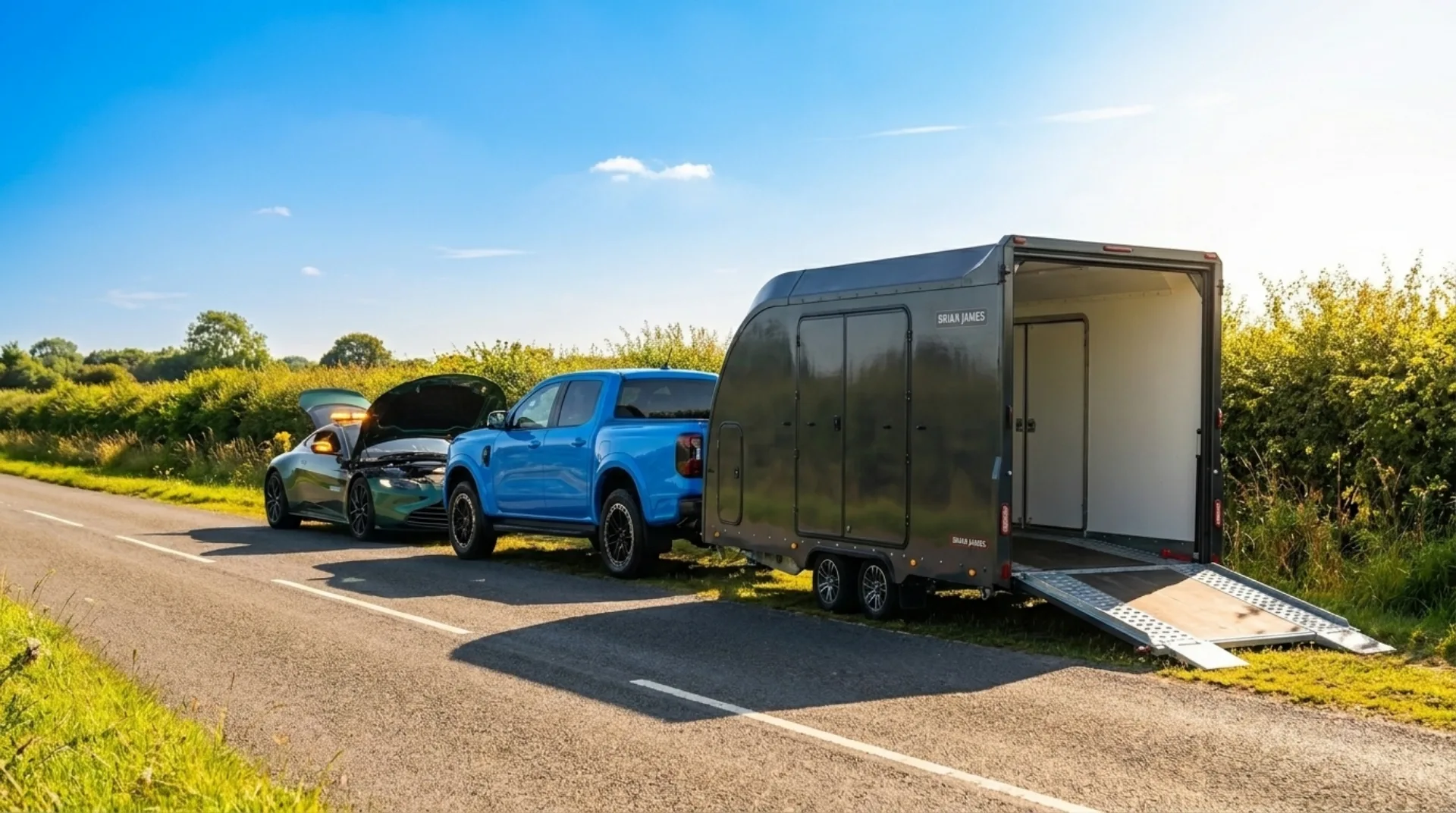 Broken-down Aston Martin being recovered onto the enclosed trailer