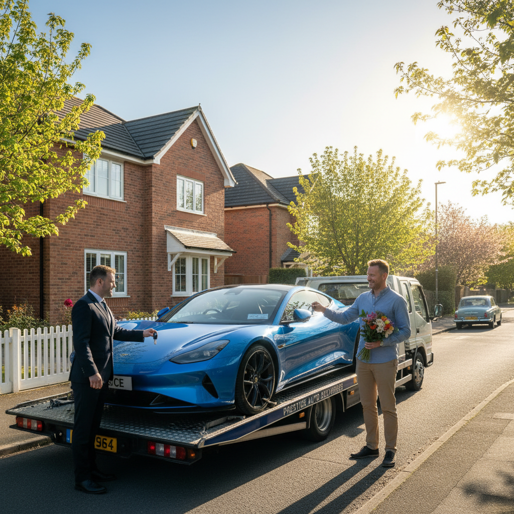 Car delivered to happy customer with driver handing over keys