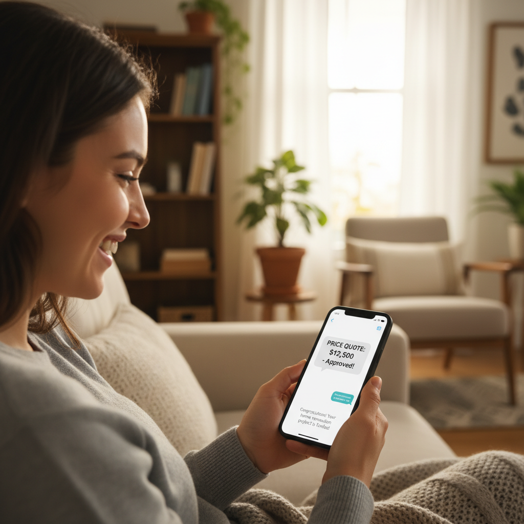 Person smiling at phone showing price quote