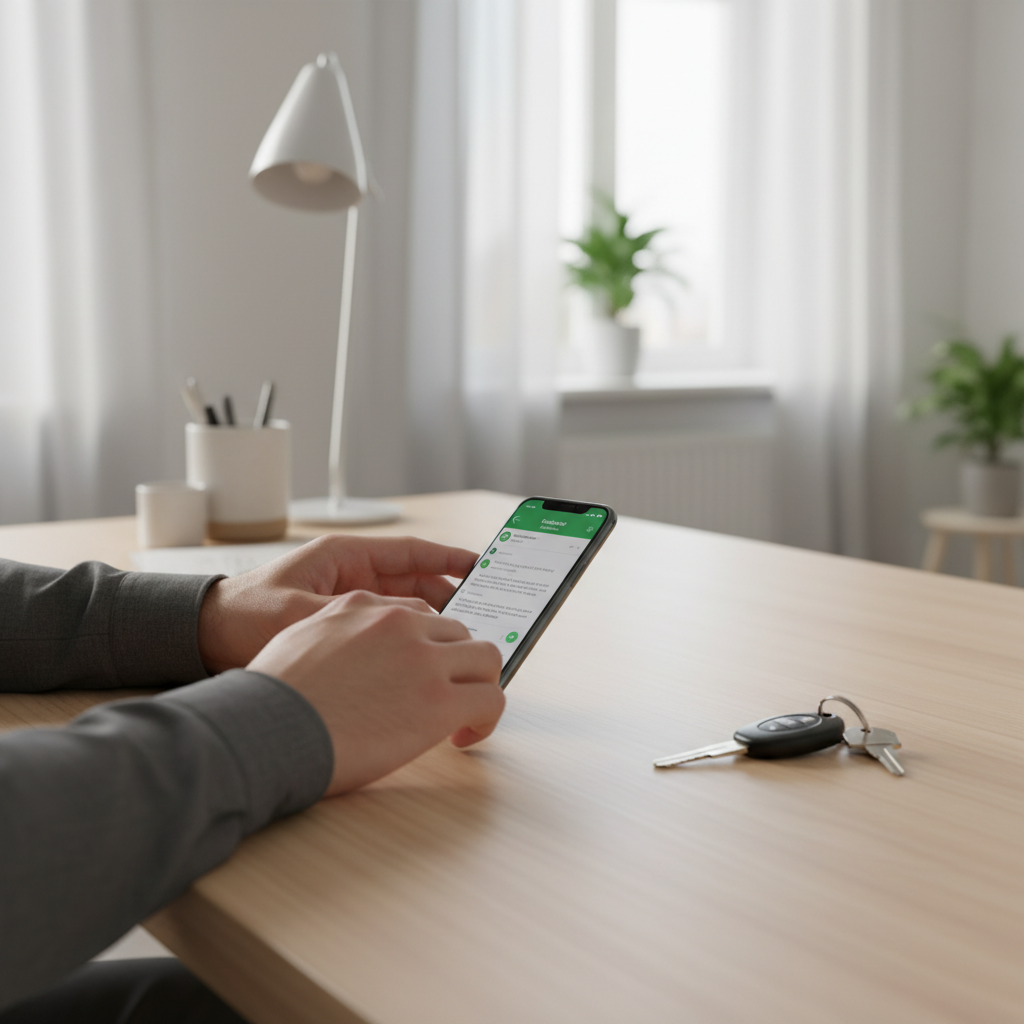 Person typing WhatsApp message to book car transport