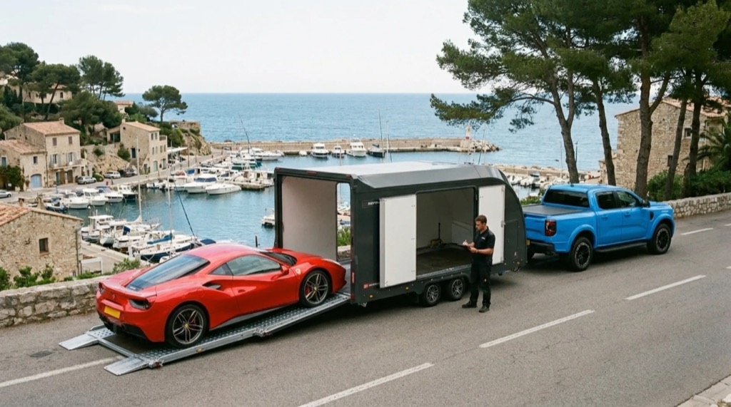 Red Ferrari being unloaded from the enclosed Race Transporter 7 above a Riviera marina near Monaco