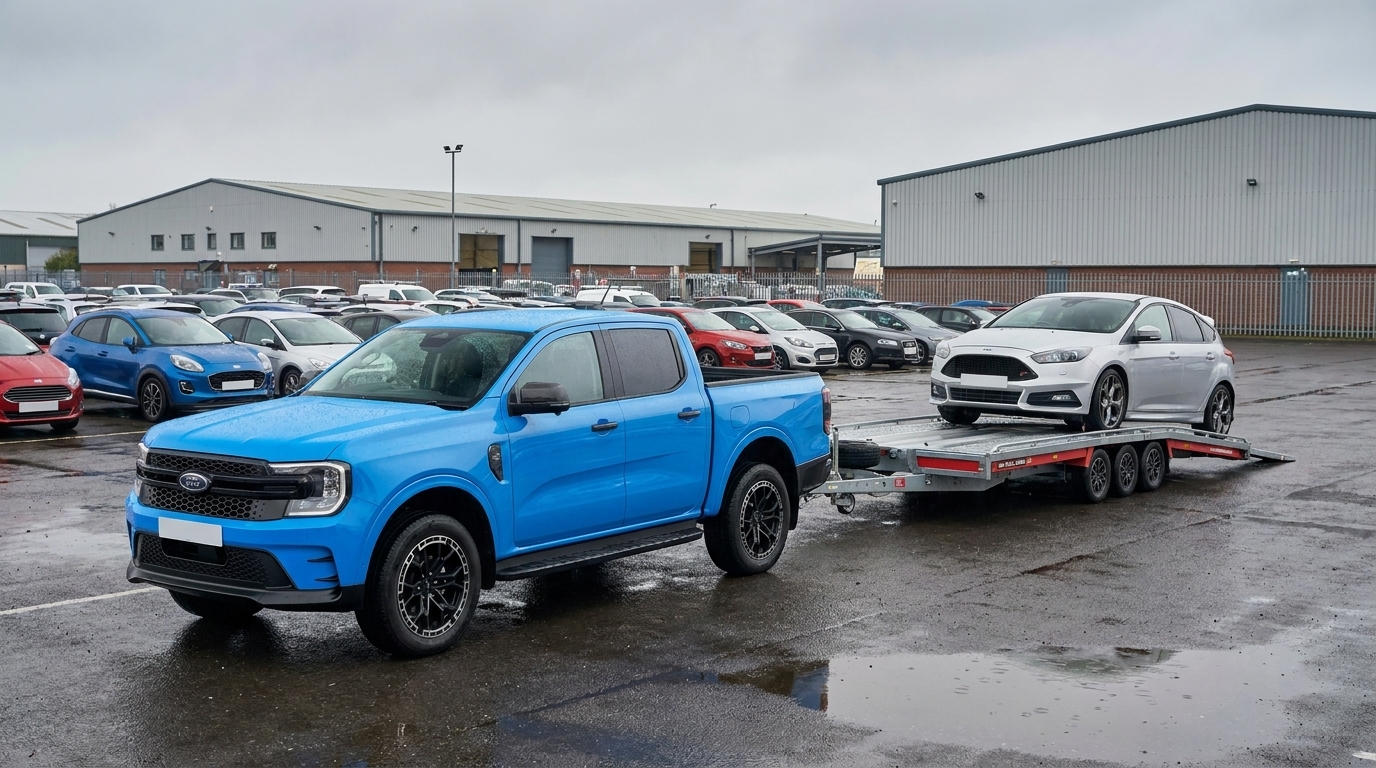 Blue Ford MS-RT and Brian James T Transporter collecting from auction yard