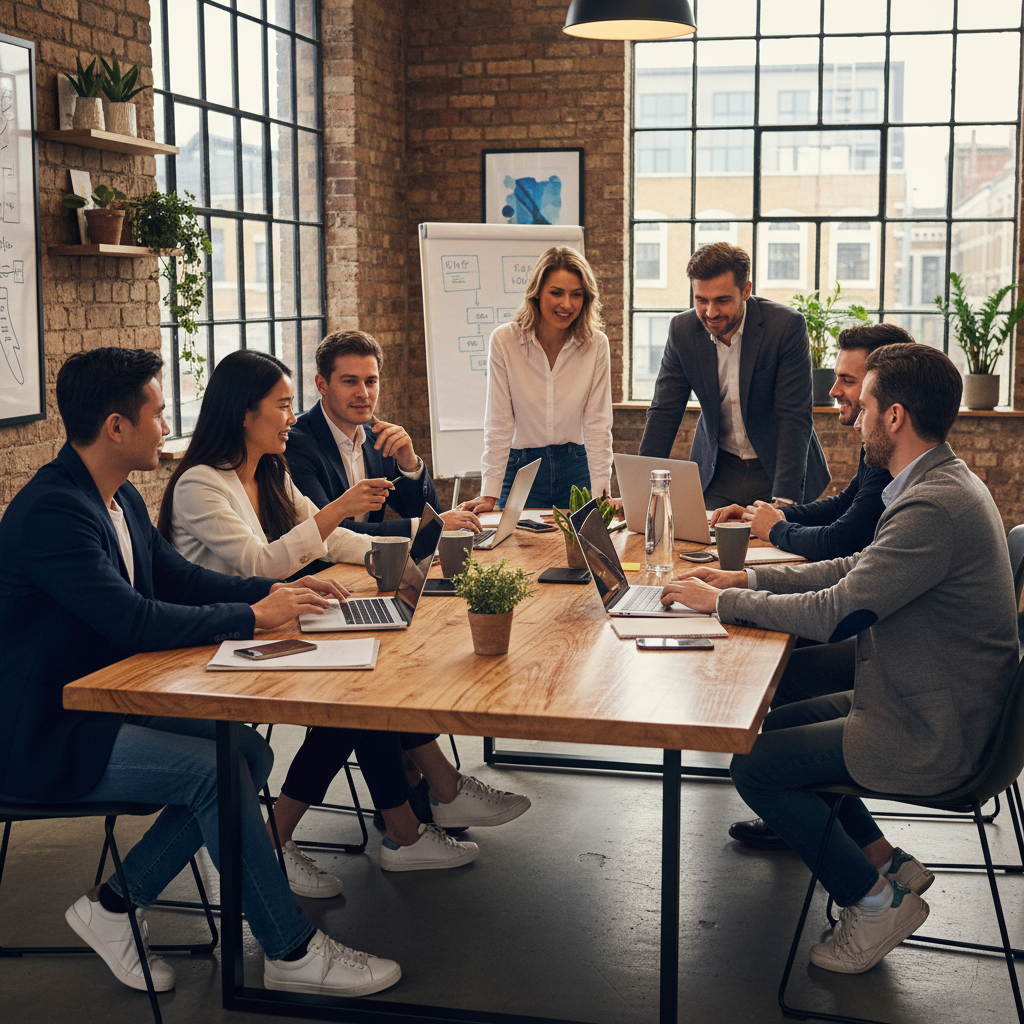 Diverse professional tech startup team in modern UK office