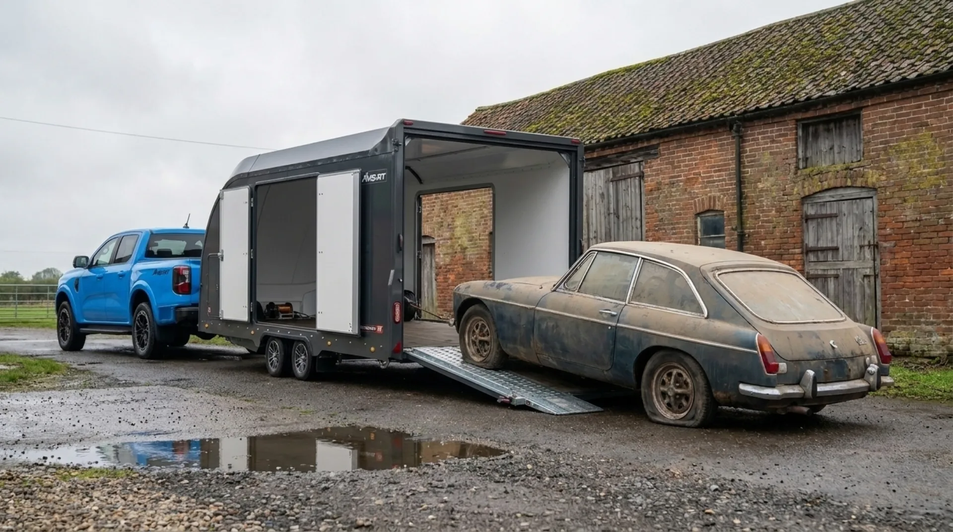 Barn-find classic car being winched into the enclosed Brian James trailer
